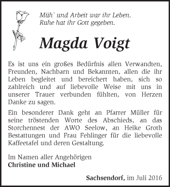 Traueranzeige von Magda Voigt von Märkische Oderzeitung