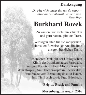 Traueranzeige von Burkhard Rozek von Märkische Oderzeitung