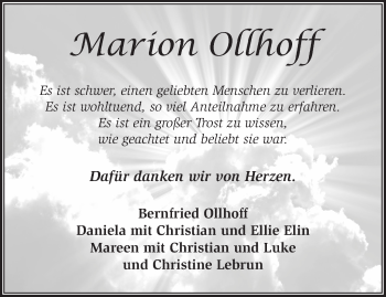 Traueranzeige von Marion Ollhoff von Märkische Oderzeitung