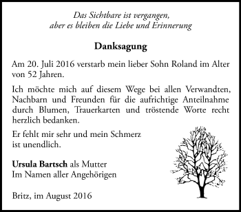 Traueranzeige von Roland Bartsch von Märkische Oderzeitung