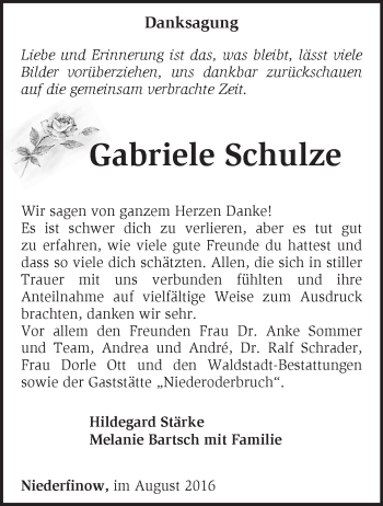 Traueranzeige von Gabriele Schulze von Märkische Oderzeitung