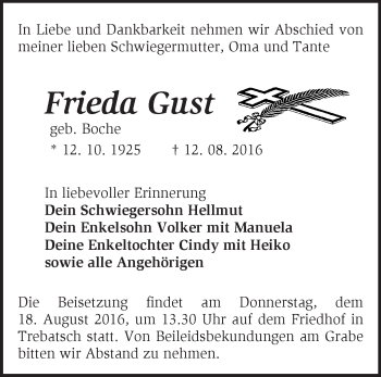 Traueranzeige von Frieda Gust von Märkische Oderzeitung