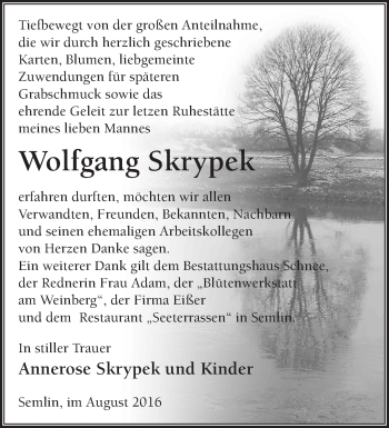 Traueranzeige von Wolfgang Skrypek von Märkische Oderzeitung