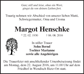 Traueranzeige von Margot Henschke von Märkische Oderzeitung