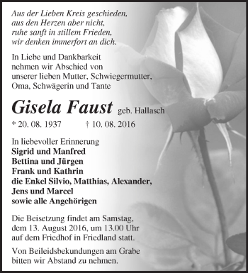 Traueranzeige von Gisela Faust von Märkische Oderzeitung