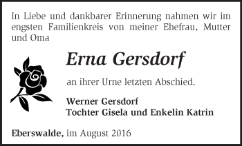 Traueranzeige von Erna Gersdorf von Märkische Oderzeitung