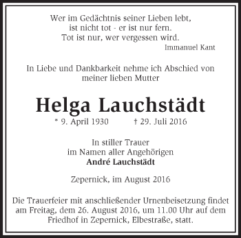 Traueranzeige von Helga Lauchstädt von Märkische Oderzeitung