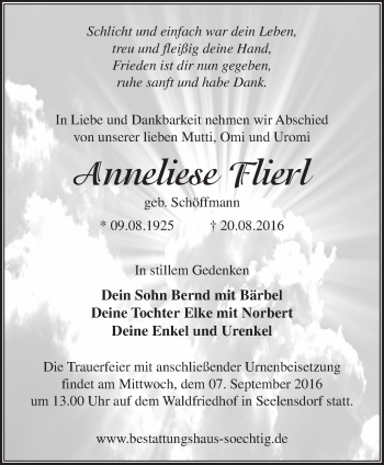 Traueranzeige von Anneliese Flierl von Märkische Oderzeitung