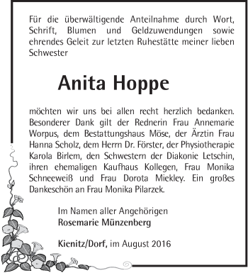 Traueranzeige von Anita Hoppe von Märkische Oderzeitung