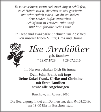 Traueranzeige von Ilse Arnhölter von Märkische Oderzeitung