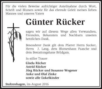 Traueranzeige von Günter Rücker von Märkische Oderzeitung