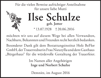 Traueranzeige von Ilse Schulze von Märkische Oderzeitung