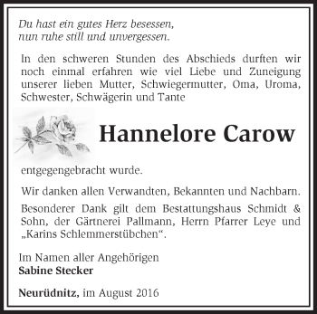 Traueranzeige von Hannelore Carow von Märkische Oderzeitung