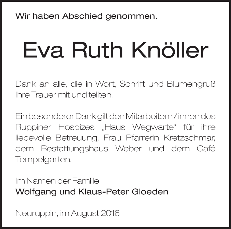  Traueranzeige für Eva Ruth Knöller vom 20.08.2016 aus Märkische Oderzeitung