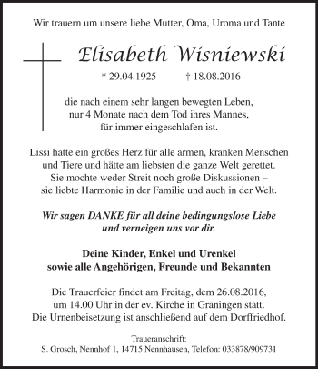 Traueranzeige von Elisabeth Wisniewski von Märkische Oderzeitung