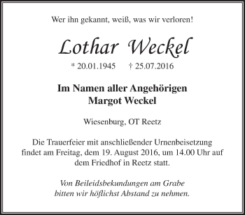 Traueranzeige von Lothar Weckel von Märkische Oderzeitung