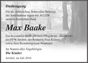 Traueranzeige von Max Baake von Märkische Oderzeitung