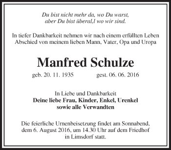 Traueranzeige von Manfred Schulze von Märkische Oderzeitung