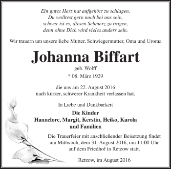 Traueranzeige von Johanna Biffart von Märkische Oderzeitung