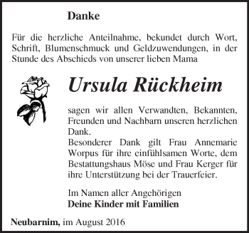 Traueranzeige von Ursula Rückheim von Märkische Oderzeitung