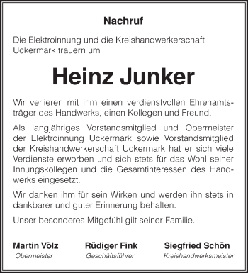 Traueranzeige von Heinz Junker von Märkische Oderzeitung