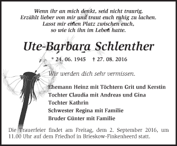 Traueranzeige von Ute-Barbara Schlenther von Märkische Oderzeitung