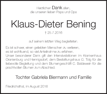 Traueranzeige von Klaus-Dieter Bening von Märkische Oderzeitung