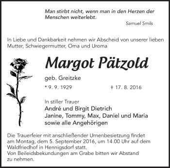 Traueranzeige von Margot Pätzold von Märkische Oderzeitung