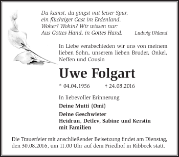 Traueranzeige von Uwe Folgart von Märkische Oderzeitung