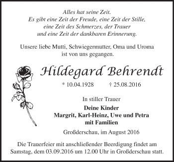 Traueranzeige von Hildegard Behrendt von Märkische Oderzeitung