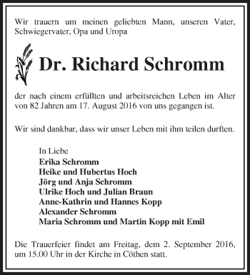 Traueranzeige von Richard Schromm von Märkische Oderzeitung