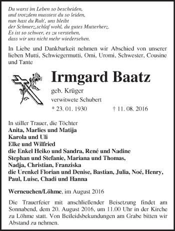 Traueranzeige von Irmgard Baatz von Märkische Oderzeitung