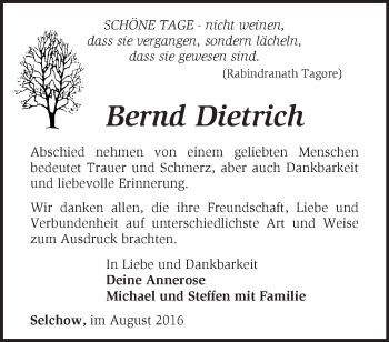 Traueranzeige von Bernd Dietrich von Märkische Oderzeitung