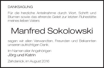 Traueranzeige von Manfred Sokolowski von Märkische Oderzeitung