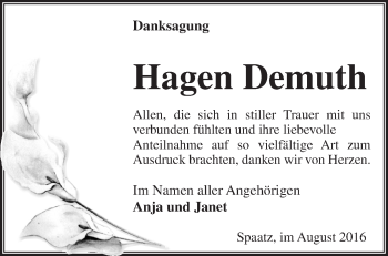 Traueranzeige von Hagen Demuth von Märkische Oderzeitung