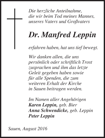 Traueranzeige von Manfred Leppin von Märkische Oderzeitung