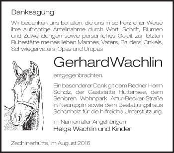 Traueranzeige von Gerhard Wachlin von Märkische Oderzeitung