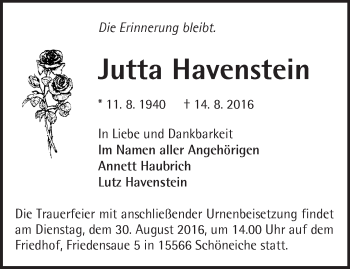 Traueranzeige von Jutta Havenstein von Märkische Oderzeitung