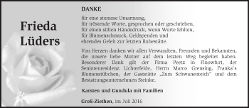 Traueranzeige von Frieda Lüders von Märkische Oderzeitung