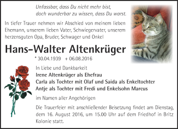 Traueranzeige von Hans-Walter Altenkrüger von Märkische Oderzeitung