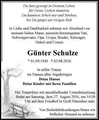 Traueranzeige von Günter Schulze von Märkische Oderzeitung