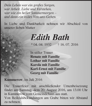 Traueranzeige von Edith Bath von Märkische Oderzeitung