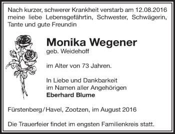 Traueranzeige von Monika Wegener von Märkische Oderzeitung