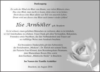 Traueranzeige von Ilse Arnhölter von Märkische Oderzeitung