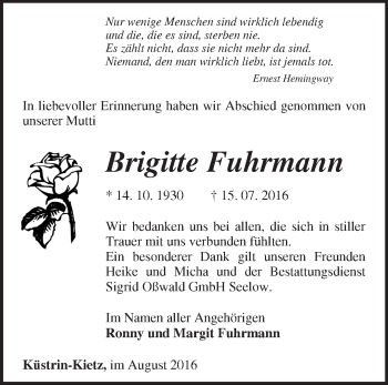 Traueranzeige von Brigitte Fuhrmann von Märkische Oderzeitung