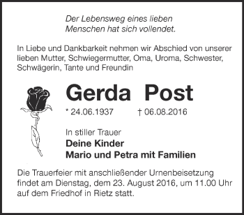 Traueranzeige von Gerda Post von Märkische Oderzeitung