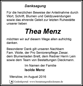 Traueranzeige von Thea Menz von Märkische Oderzeitung