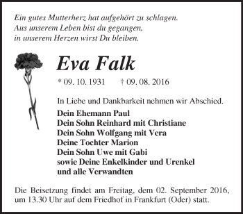 Traueranzeige von Eva Falk von Märkische Oderzeitung