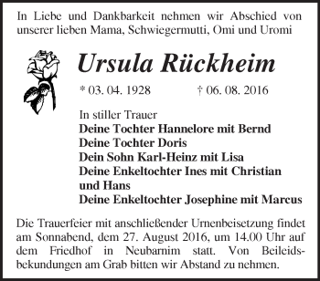 Traueranzeige von Ursula Rückheim von Märkische Oderzeitung