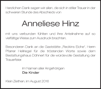 Traueranzeige von Anneliese Hinz von Märkische Oderzeitung